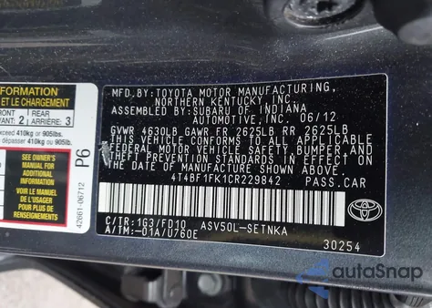 2012 Toyota Camry Le из США, поврежденный, VIN 4T4BF1FK1CR229842